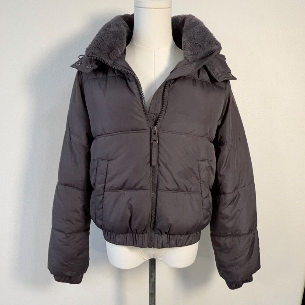 Aeropostale Women's Puffer Jacket Small Dark Grey Hooded Faux Fur Quilted Zip